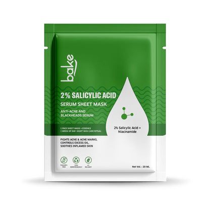 Bake 2% Salicylic Acid Serum Sheet Mask for Active Acne & Pimples with Niacinamide, 20gm