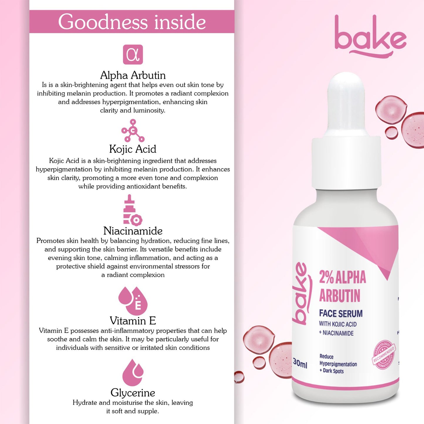 Bake 2% Alpha Arbutin Face Serum with Kojic Acid & Niacinamide for Pigmentation & Tan Removal, 30ml