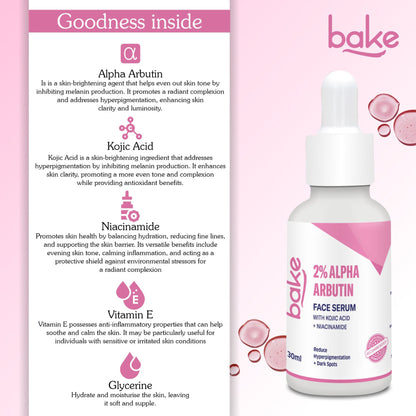 Bake 2% Alpha Arbutin Face Serum with Kojic Acid & Niacinamide for Pigmentation & Tan Removal, 30ml