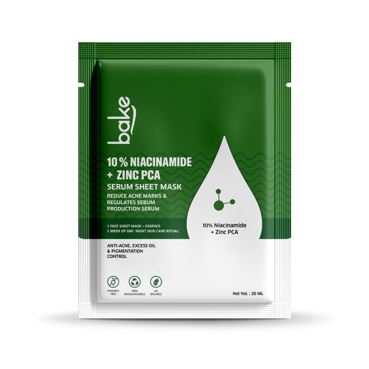 Bake 10% Niacinamide + Zinc PCA Serum Sheet Mask for Acne Marks, Dark Spots & Pigmentation Control, 20gm