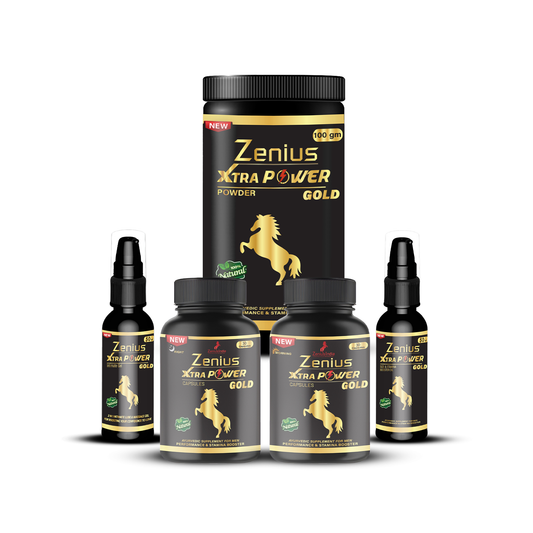 مجموعة Zenius Xtra Power Gold (للليل، 30 كبسولة + الصباح، 30 كبسولة + زيت 50 مل + جل 50 مل + مسحوق 100 جم)