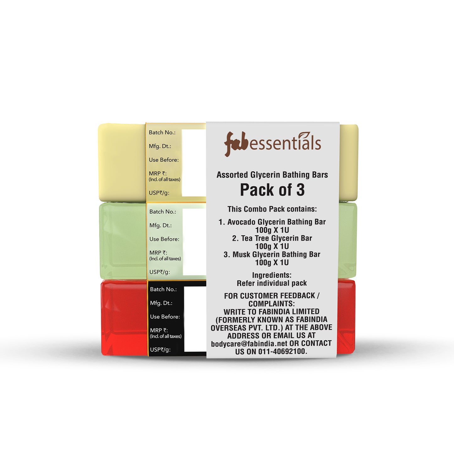 Fabessentials Assorted Glycerin Bathing Bars Pack of 3 - Avocado, Tea Tree & Musk, 3X100gm