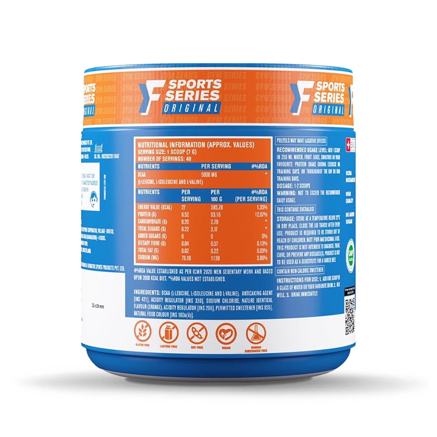 Fast&Up BCAA Essentials Pre&Post Workout & Intra Workout Orange Supplement, 45 Servings