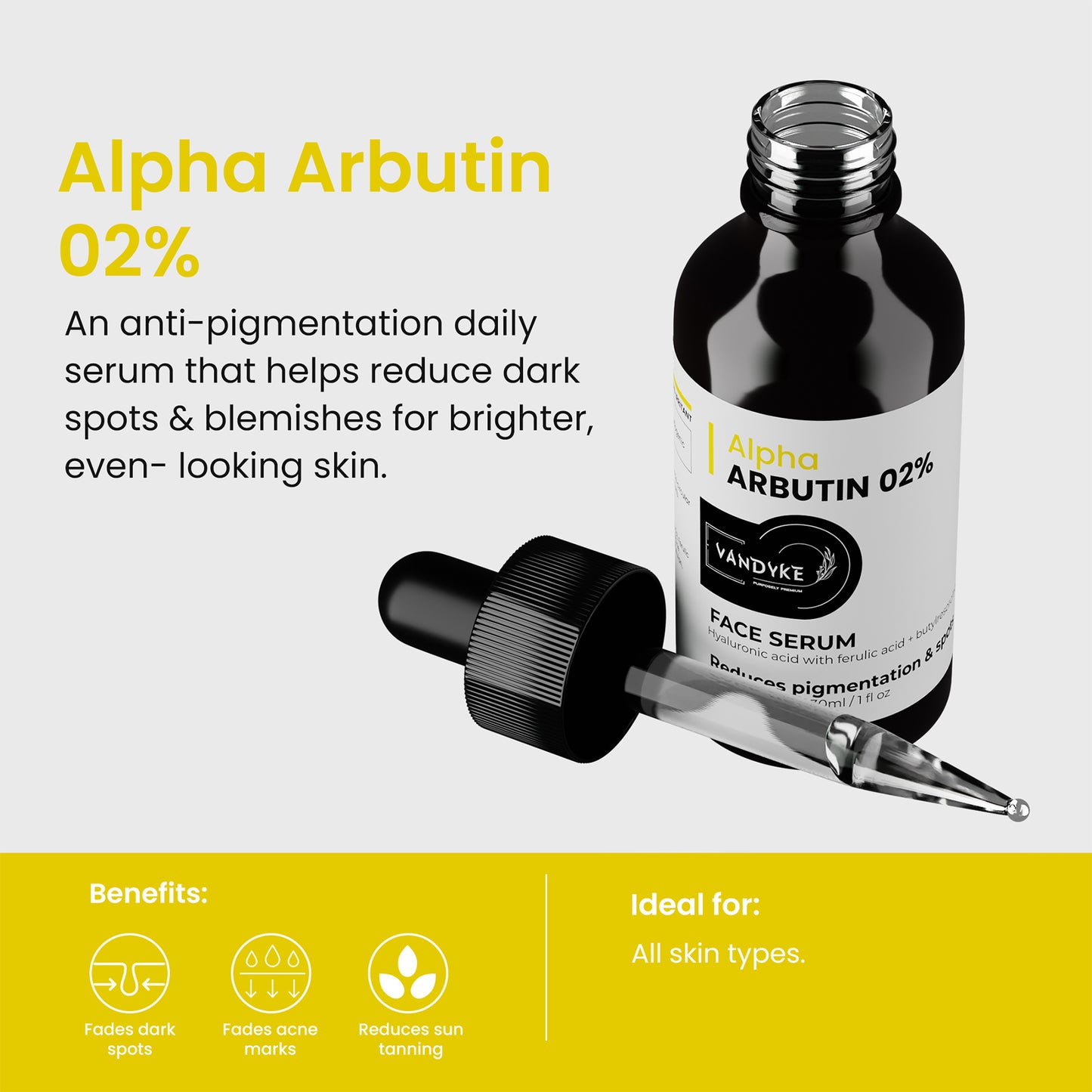 Vandyke 2% Alpha Arbutin Face Serum For Pigmentation, Acne Marks & Dark Spots Removal, 30ml