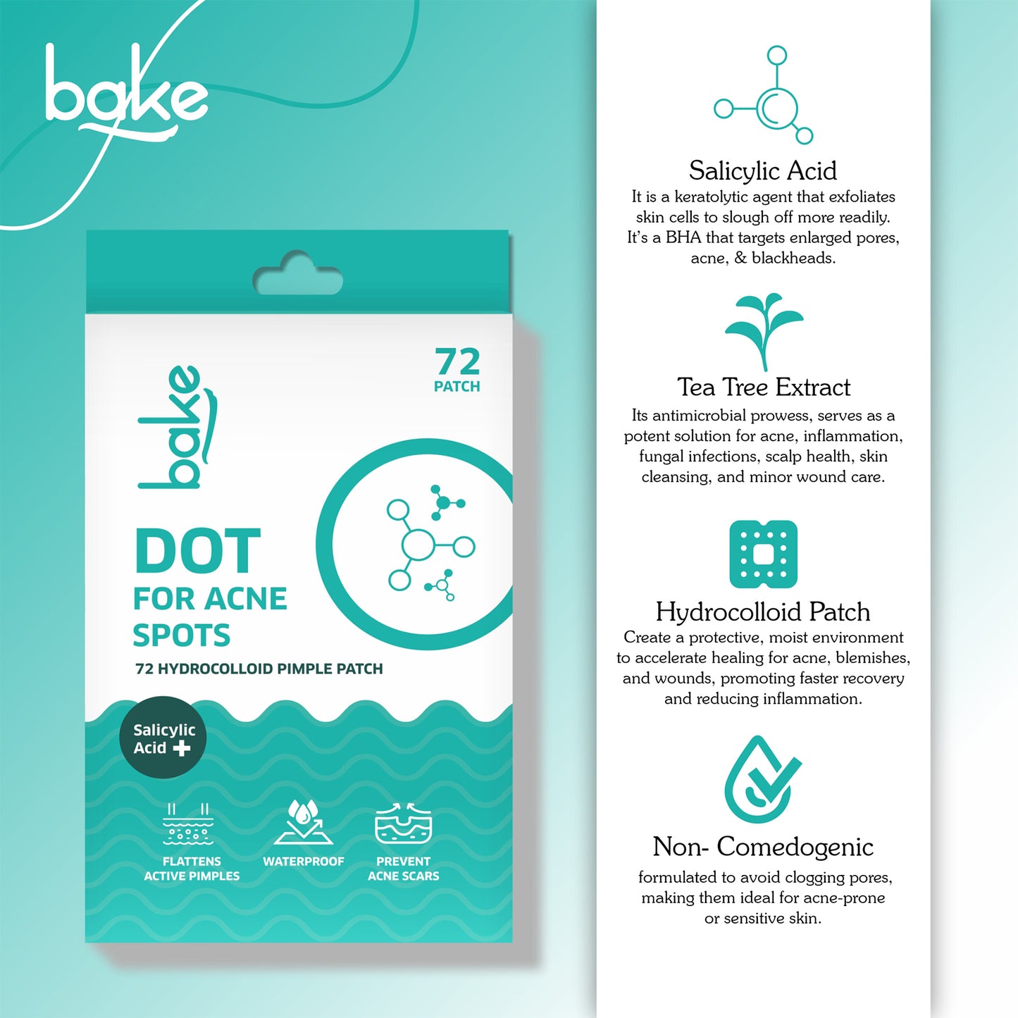 Bake 2% Salicylic Acid Pimple Patches Active Acne with Hydrocolloid Waterproof Patches (Pack of 72), 30gm