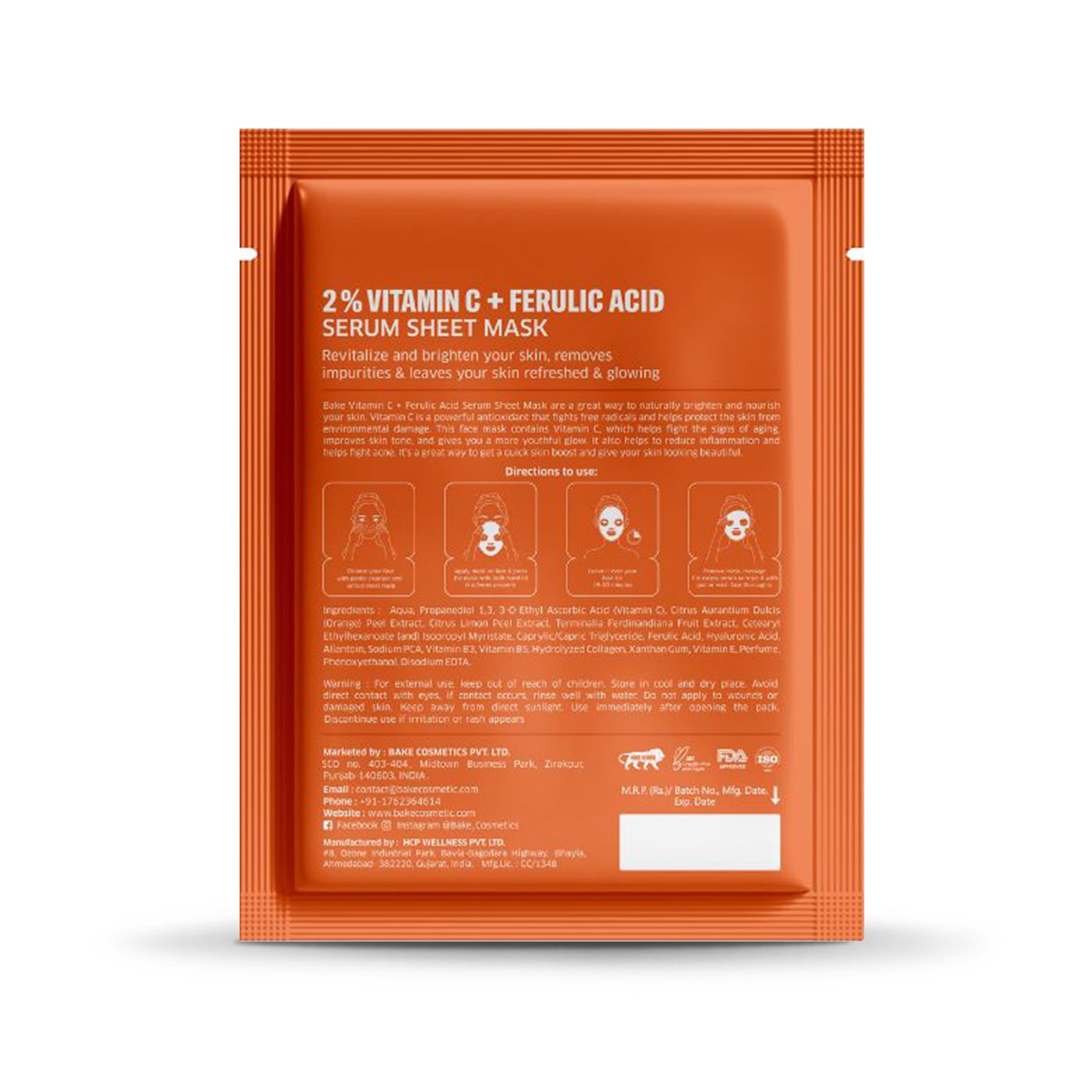 Bake 2% Vitamin C + Ferulic Acid Serum Sheet Mask for Dark Circles, Spots & Pigmentation, 20gm