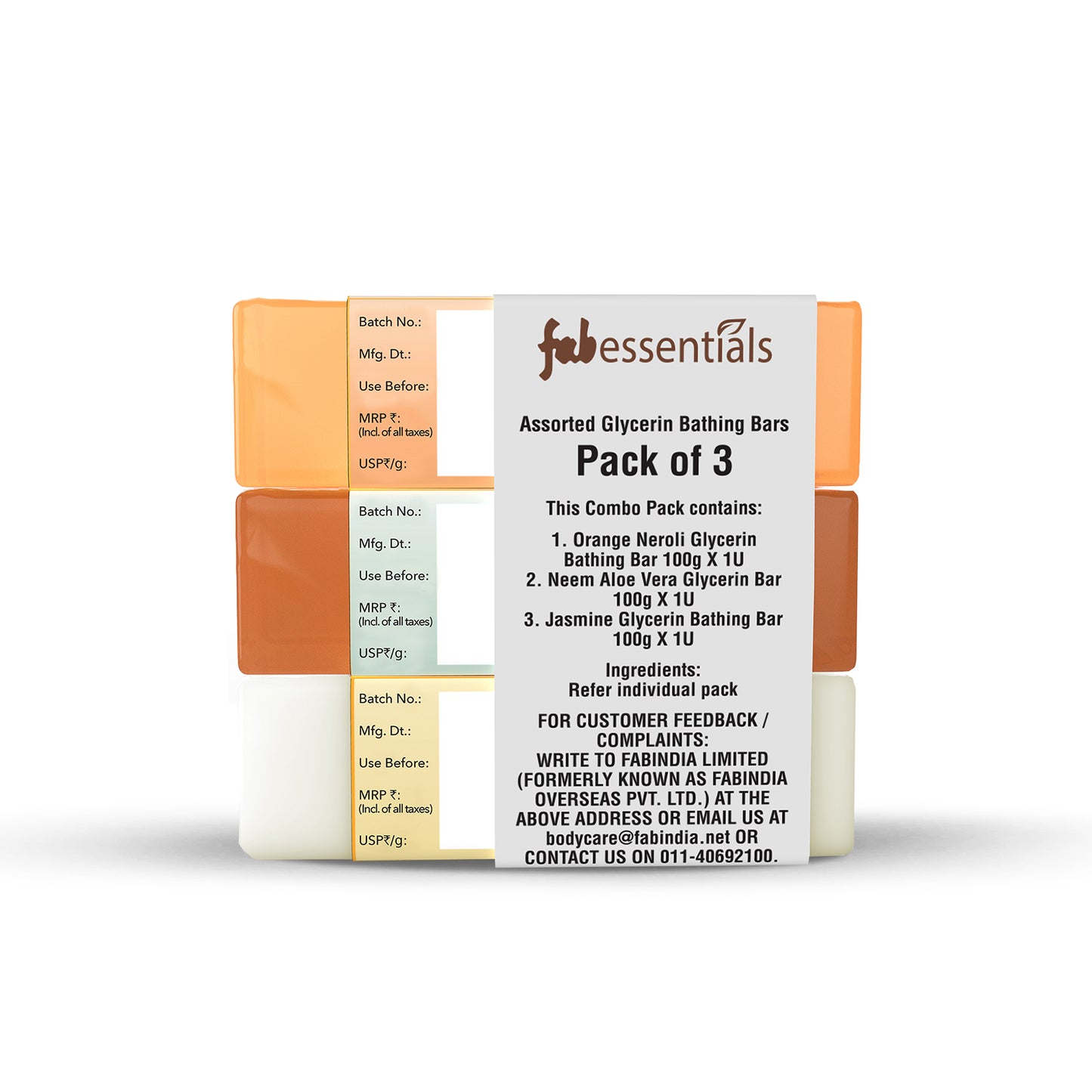 Fabessentials Assorted Glycerin Bathing Bars Pack of 3 - Orange Neroli, Neem Aloe Vera, 3X100gm