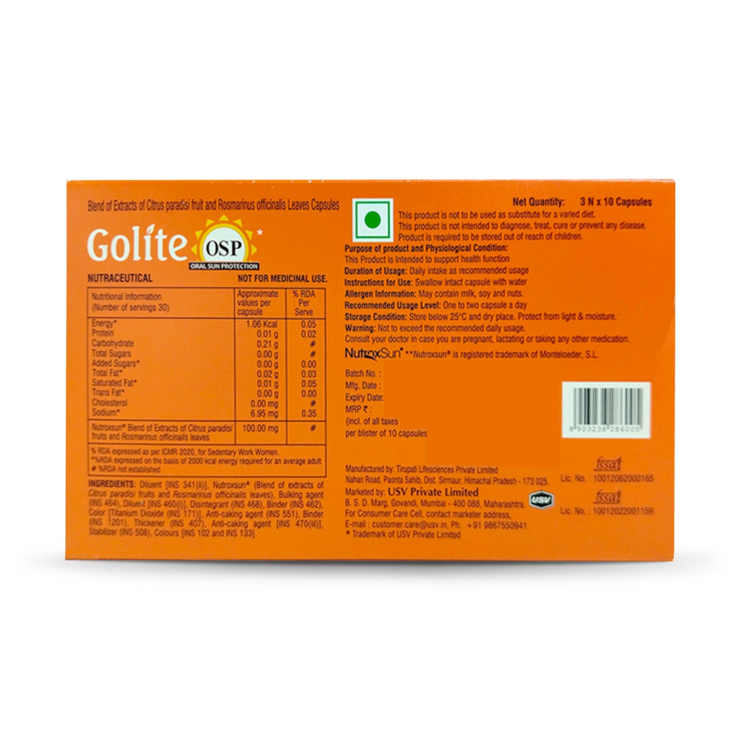 Golite OSP Oral Sun Protection, 10 Capsules