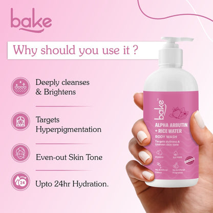 Bake Alpha Arbutin Body Wash for Dark Spots & Uneven Skin Tone With Kojic Acid & Rice Water, 250ml