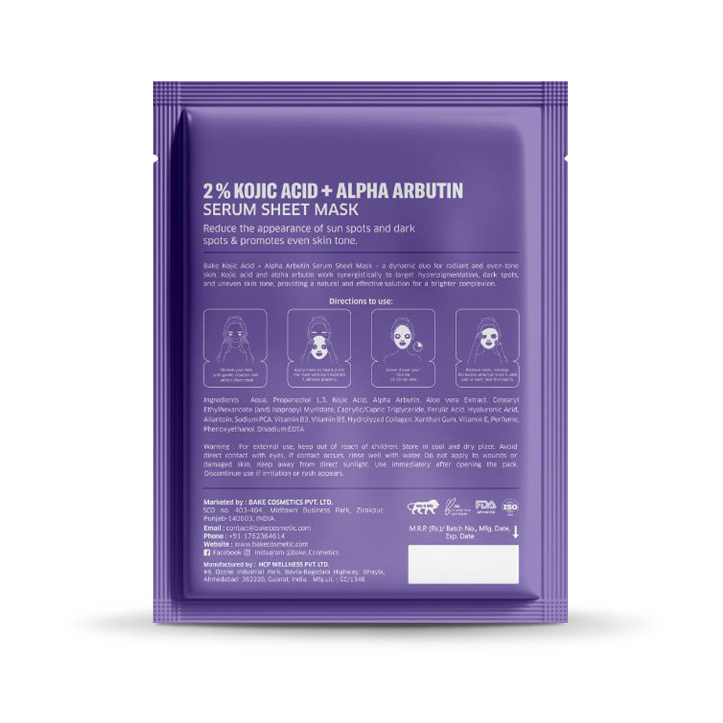 Bake 2% Kojic Acid + Alpha Arbutin Serum Sheet Mask for Dark Circles, Spots & Pigmentation, Tan Removal, 20gm