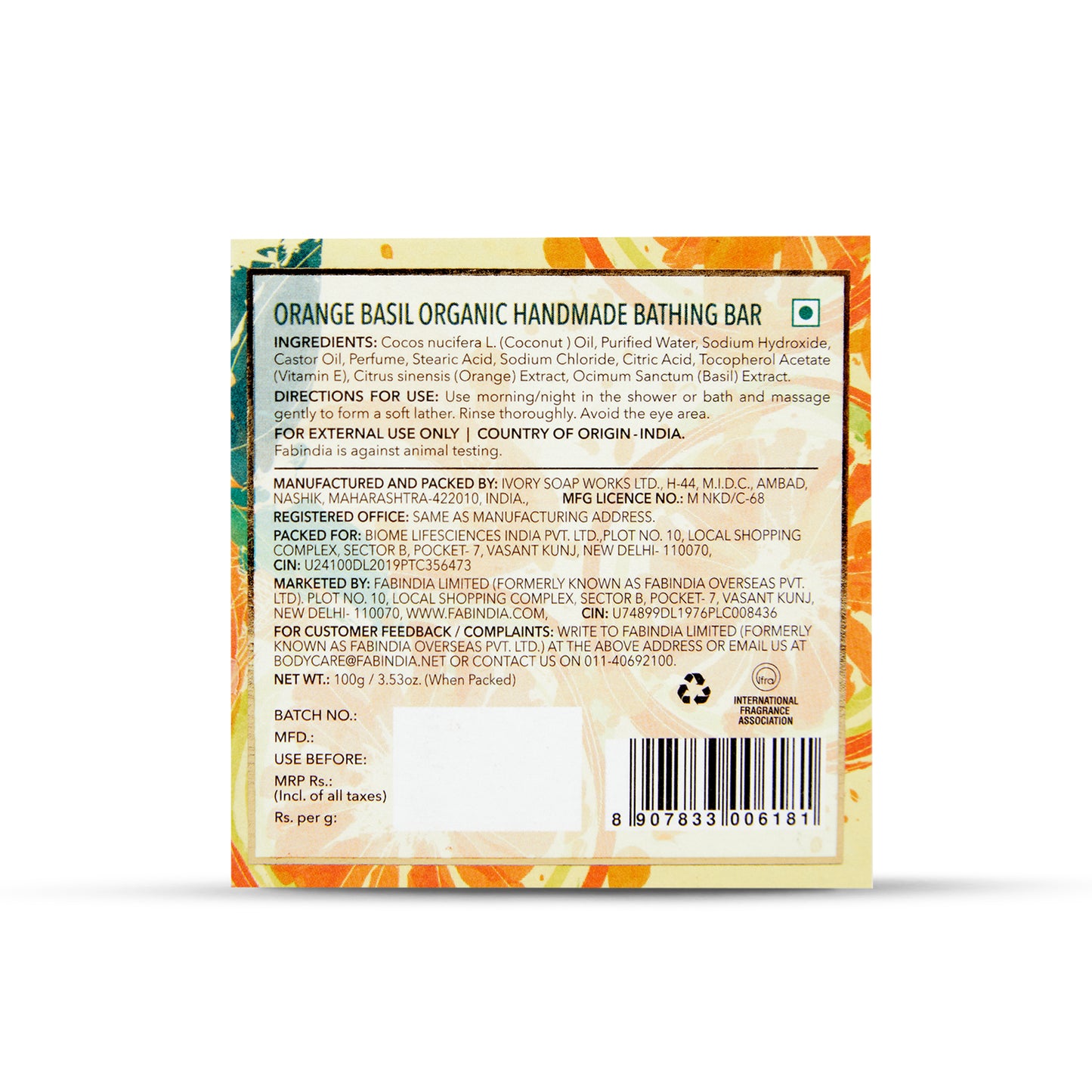 Fabessentials Orange Basil Organic Handmade Bathing Bar, 100gm