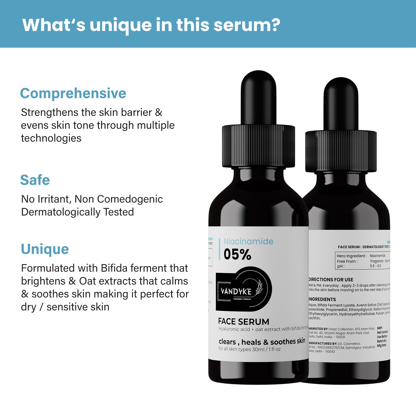 Vandyke 5% Niacinamide Serum with Hyaluronic Acid Hydrating & Repairing Serum, 30ml