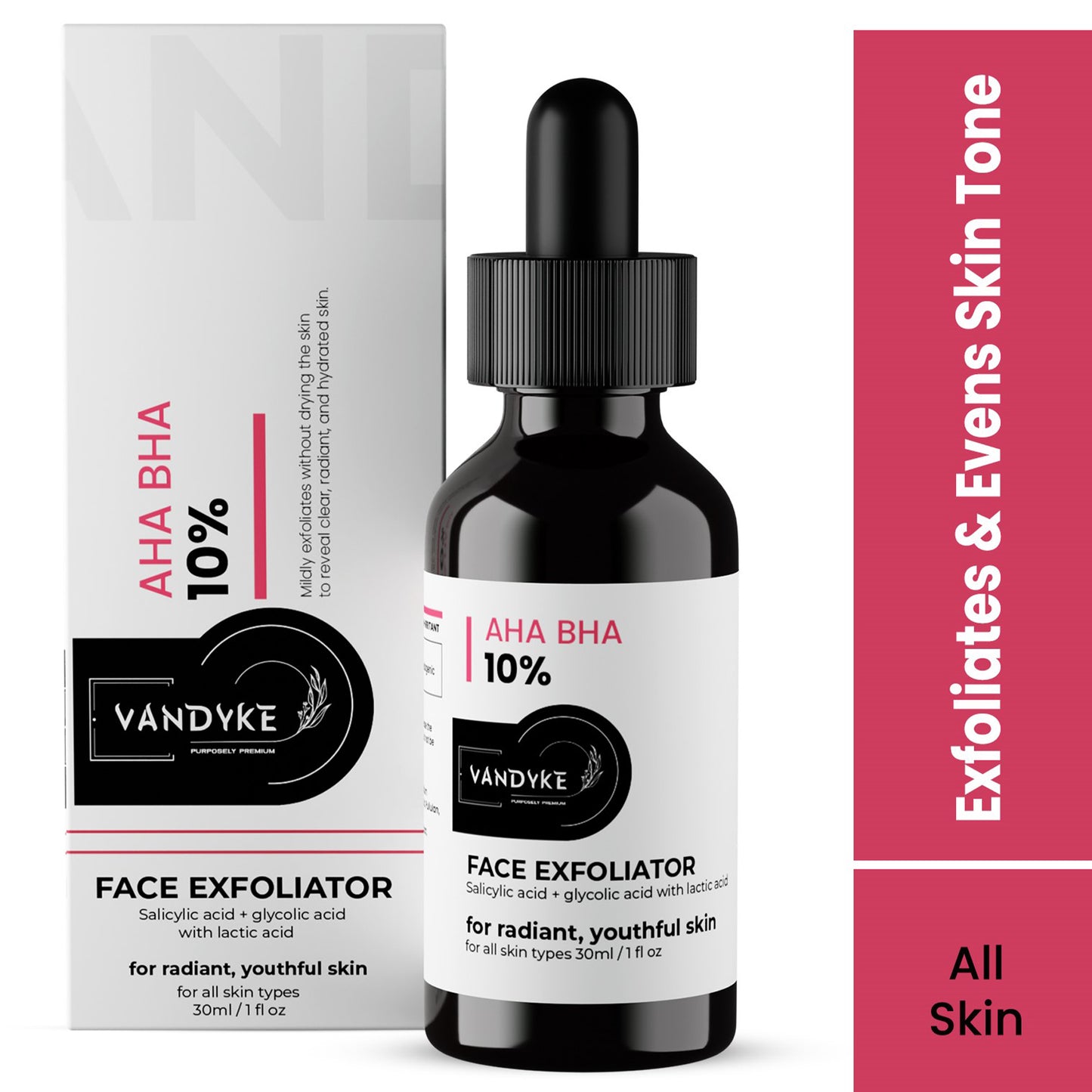 Vandyke 10% AHA BHA Exfoliator with Hyaluronic acid for Even Tone & Texture Face Serum, 30ml