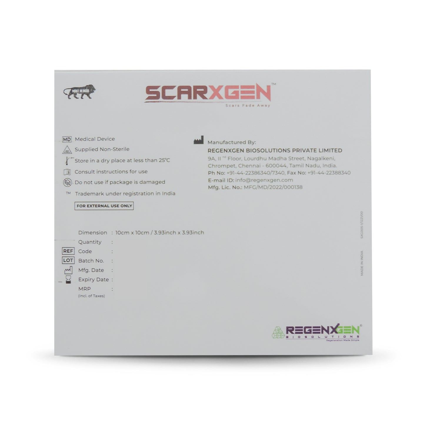 Scarxgen Silicone Gel Sheet 10CmX10Cm