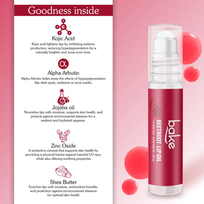 Bake 1% Kojic Acid Beetroot Tinted Lip Balm Oil with SPF 25 & Alpha Arbutin for Pigmented, Dark & Dry Lips, 15gm