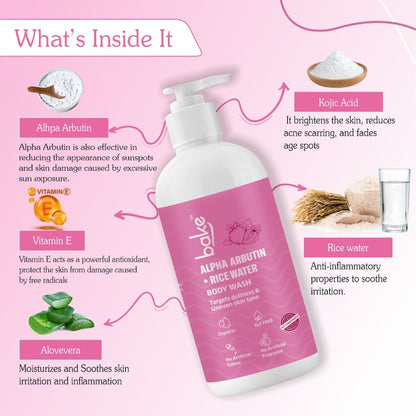 Bake Alpha Arbutin Body Wash for Dark Spots & Uneven Skin Tone With Kojic Acid & Rice Water, 250ml