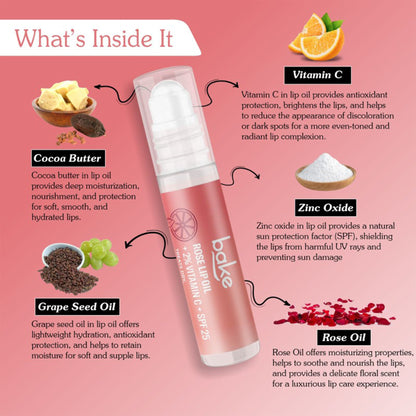 Bake 2% Vitamin C Rose Tinted Lip Oil Balm with SPF 25 For Dry, Pigmented Lips, 15gm