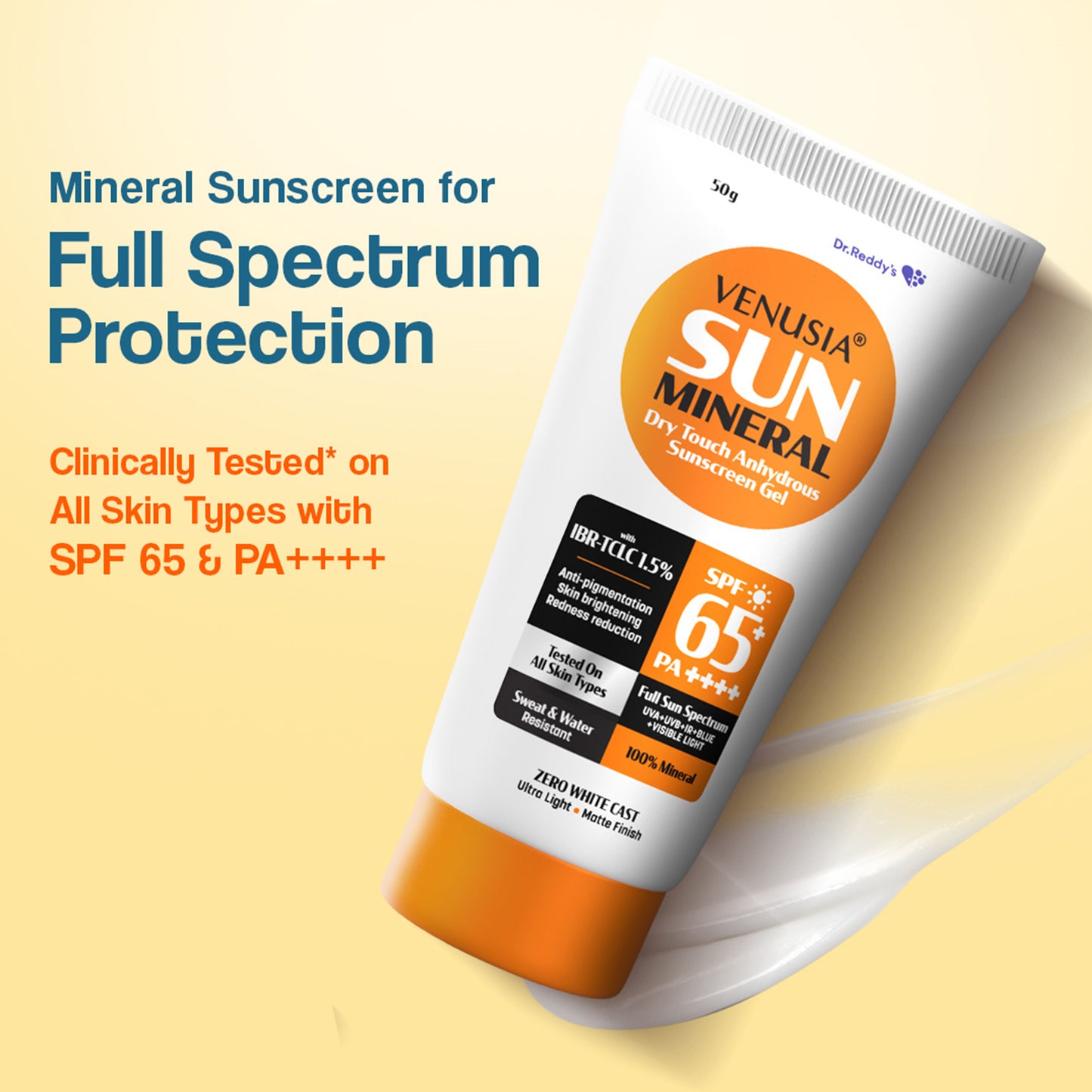 Venusia Sun Mineral Dry Touch Anhydrous Sunscreen Gel with IBR-TCLC 1.5% SPF65+ PA++++, 50gm