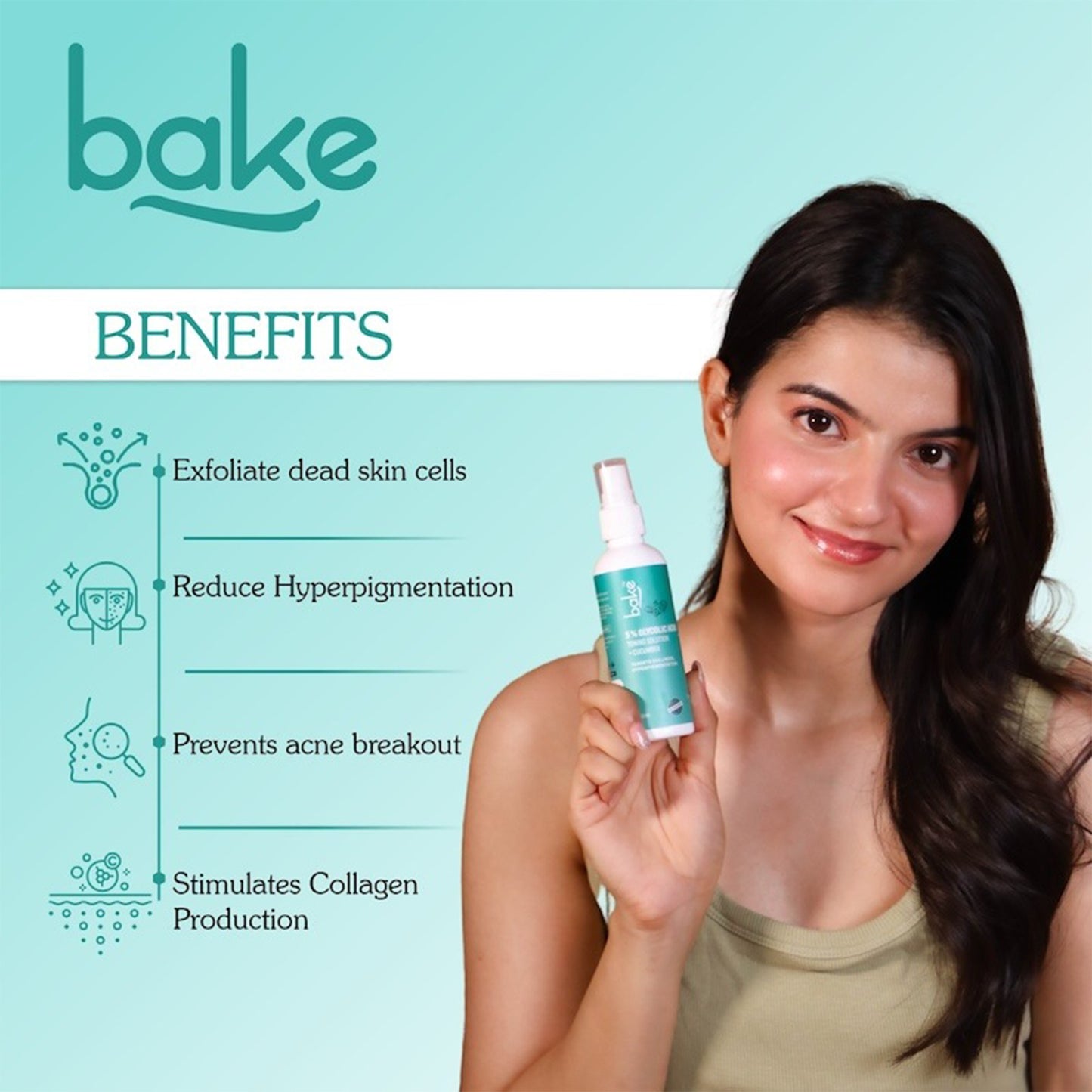 Bake 5% Glycolic Acid Toner with Hyaluronic Acid for Pigmentation, Tan Removal & Pore Tightening, 100ml