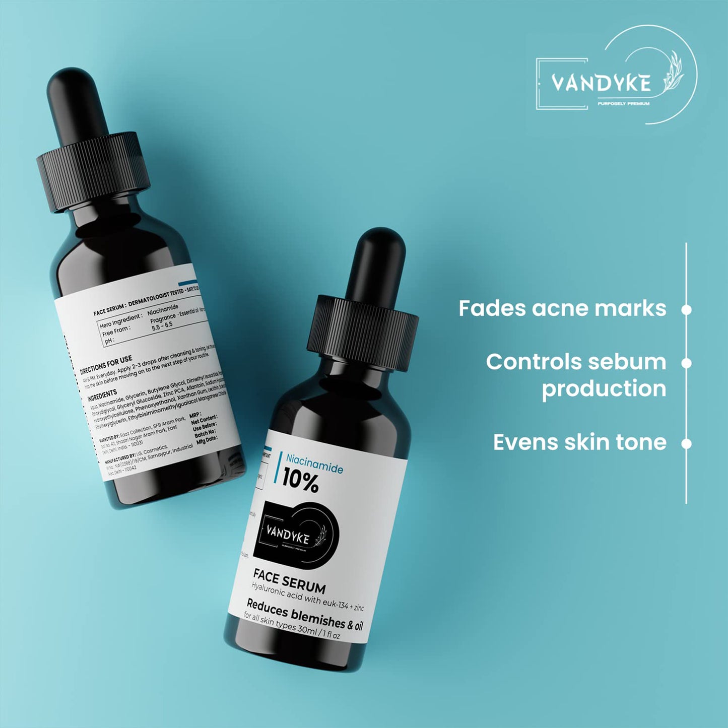 Vandyke 10% Niacinamide Serum with Zinc for Acne, Acne Marks & Blemishes Oil Balancing, 30ml