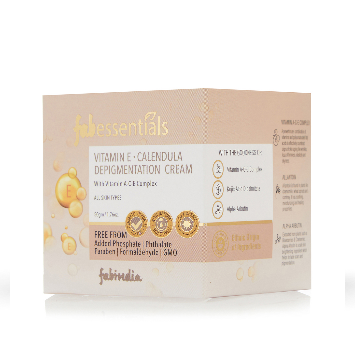 Fabessentials Vitamin E Calendula Depigmentation Cream with Vitamin A-C-E Complex, Kojic Acid & Alpha Arbutin, 50gm