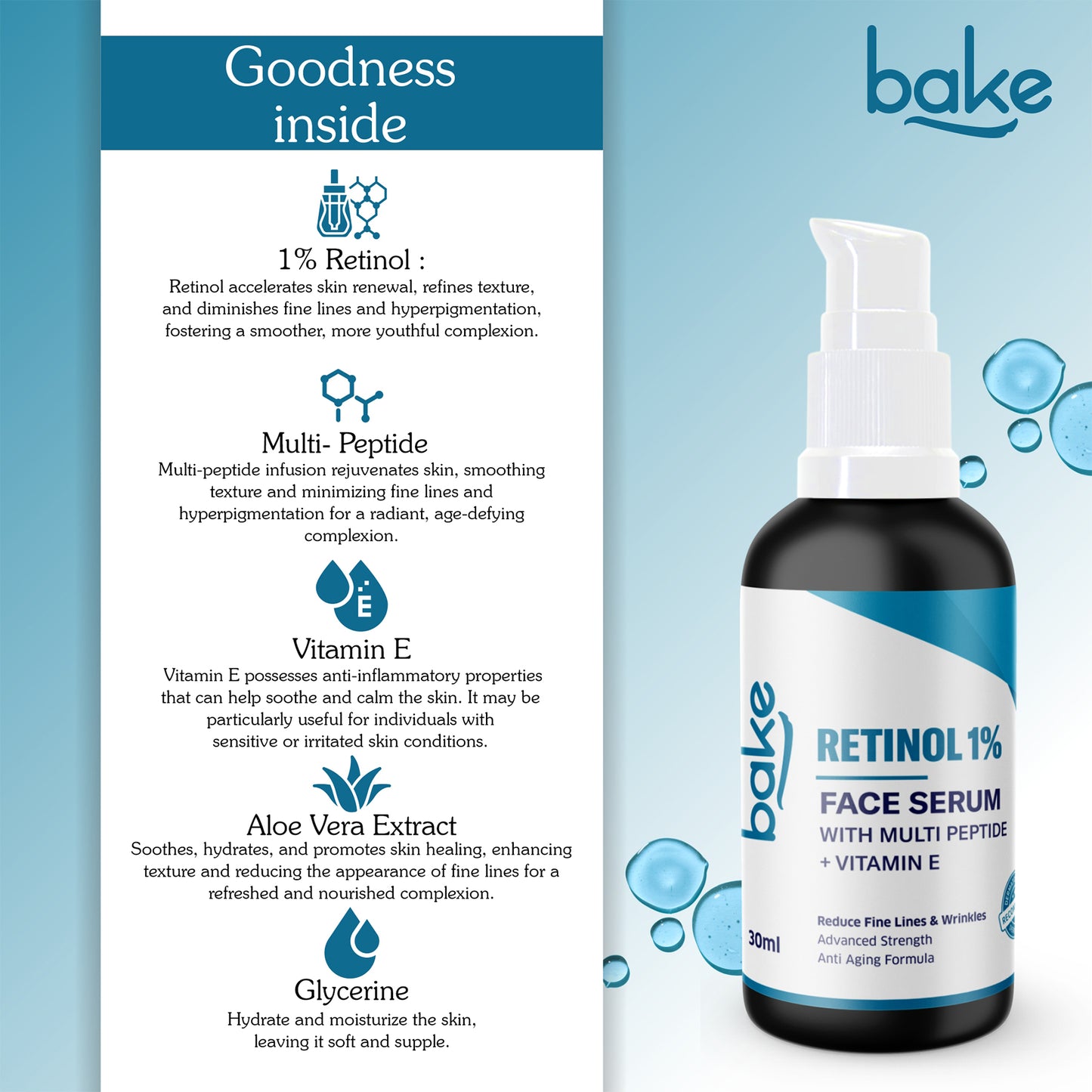 Bake 1% Retinol Anti Aging Face Serum with Multi Peptides Advanced Strength for Skin Cell Regenration & Repair, 30ml