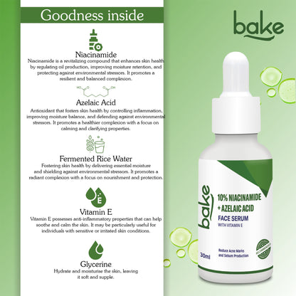 Bake 10% Niacinamide + Azelaic Acid Face Serum with Kojic Acid & Rice Water for Acne Marks & Active Acne, 30ml