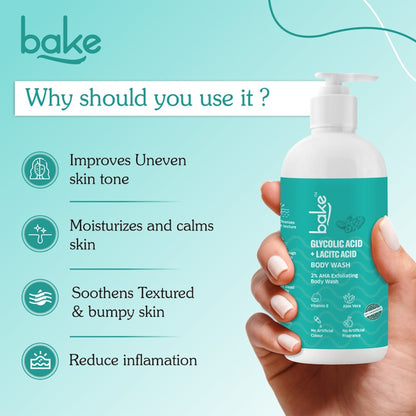 Bake 2% Lactic & Glycolic Acid Exfoliating Body Wash for Tan Removal, Strawberry & Uneven Skin, 250ml