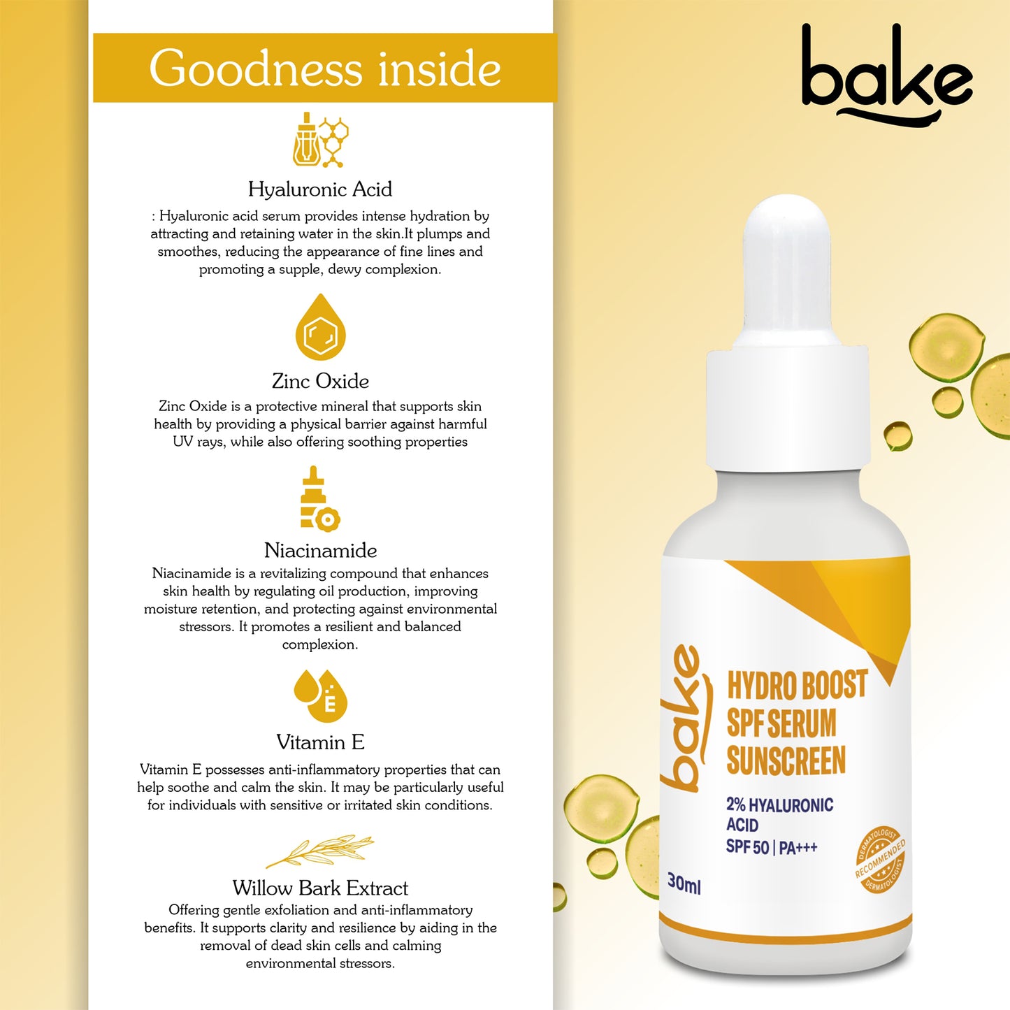 Bake 2% Hyaluronic Acid Face Serum Sunscreen SPF 50 PA+++ with Niacinamide & Willowbark Extract, 30ml