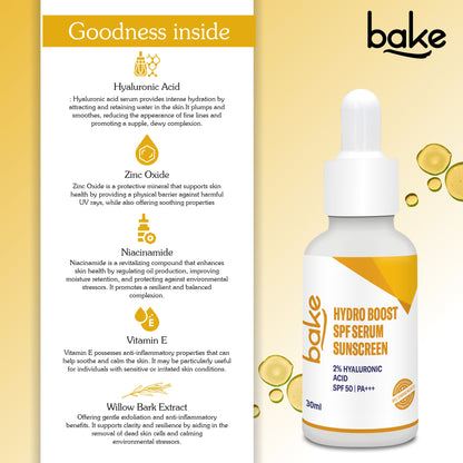 Bake 2% 透明质酸面部精华防晒霜 SPF 50 PA+++，含烟酰胺和柳树皮提取物，30ml