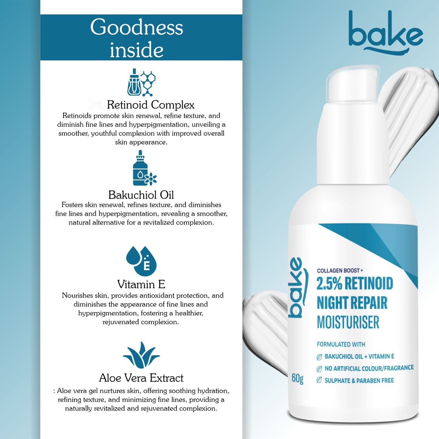 Bake 2.5% Retinoid Night Repair Moisturizer with Bakuchiol Oil for Fine Lines & Wrinkles, 60gm