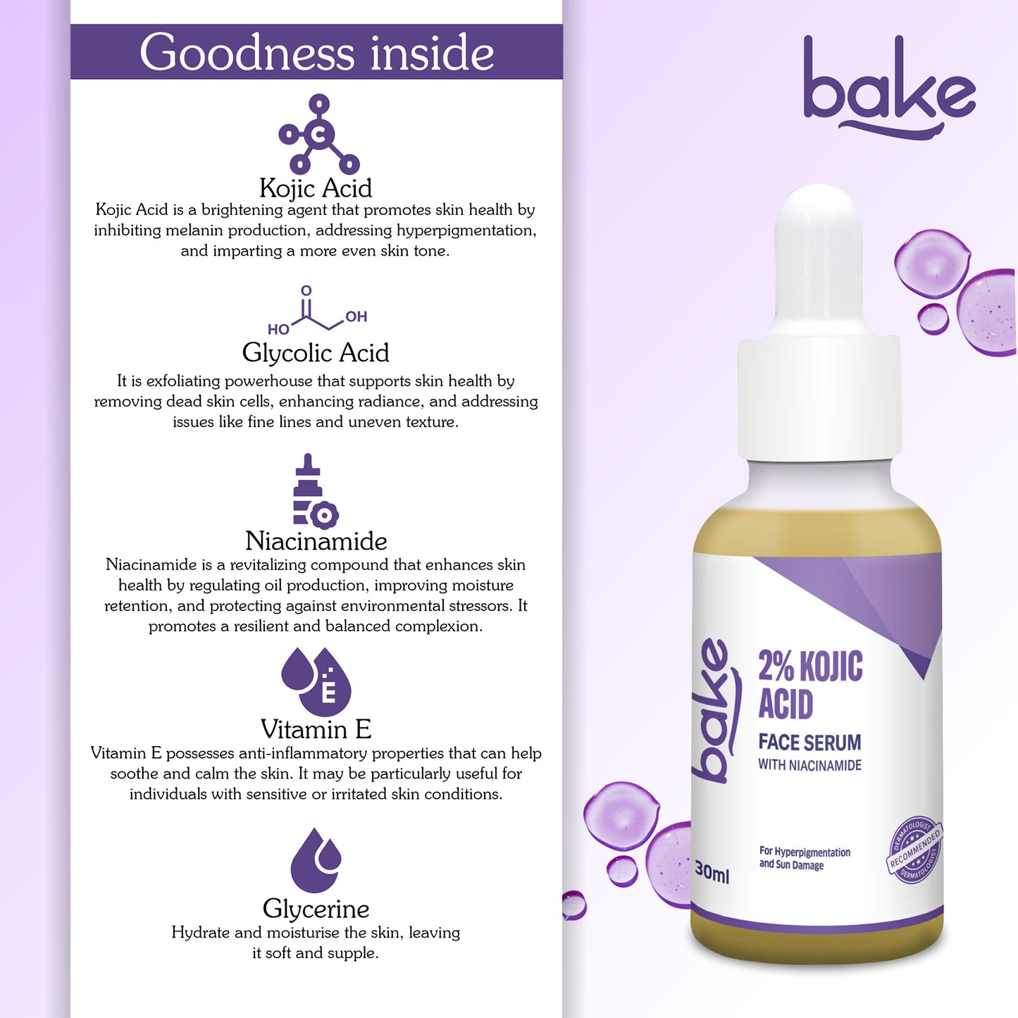 Bake 2% Kojic Acid Face Serum with Niacinamide for Dark Spots, Circles & Pigmentation, 30ml