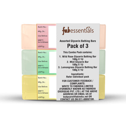 Fabessentials Assorted Glycerin Bathing Bars Pack of 3 - Wild Rose, Mint & Lemongrass, 3X100gm