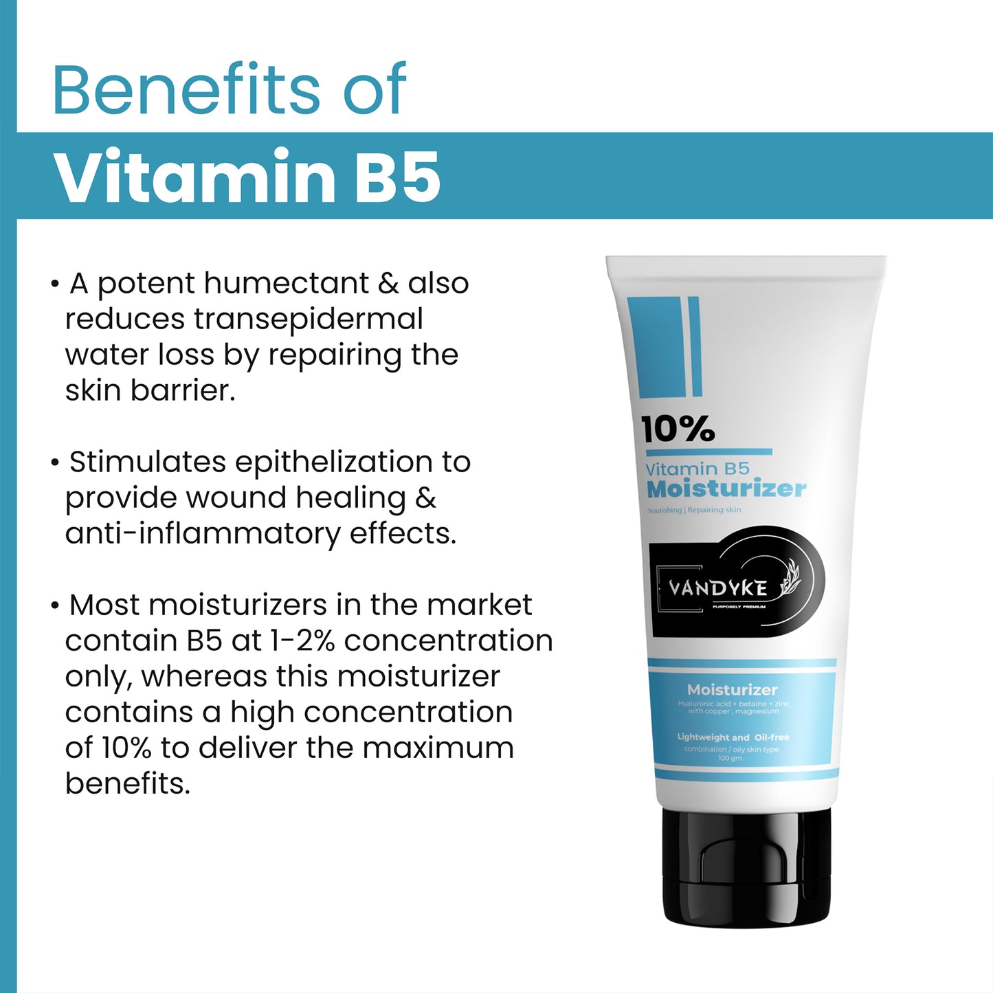 Vandyke 10% Vitamin B5 Oil Free Moisturizer with Zinc, Copper, Magnesium & HA for Oily skin, 100gm