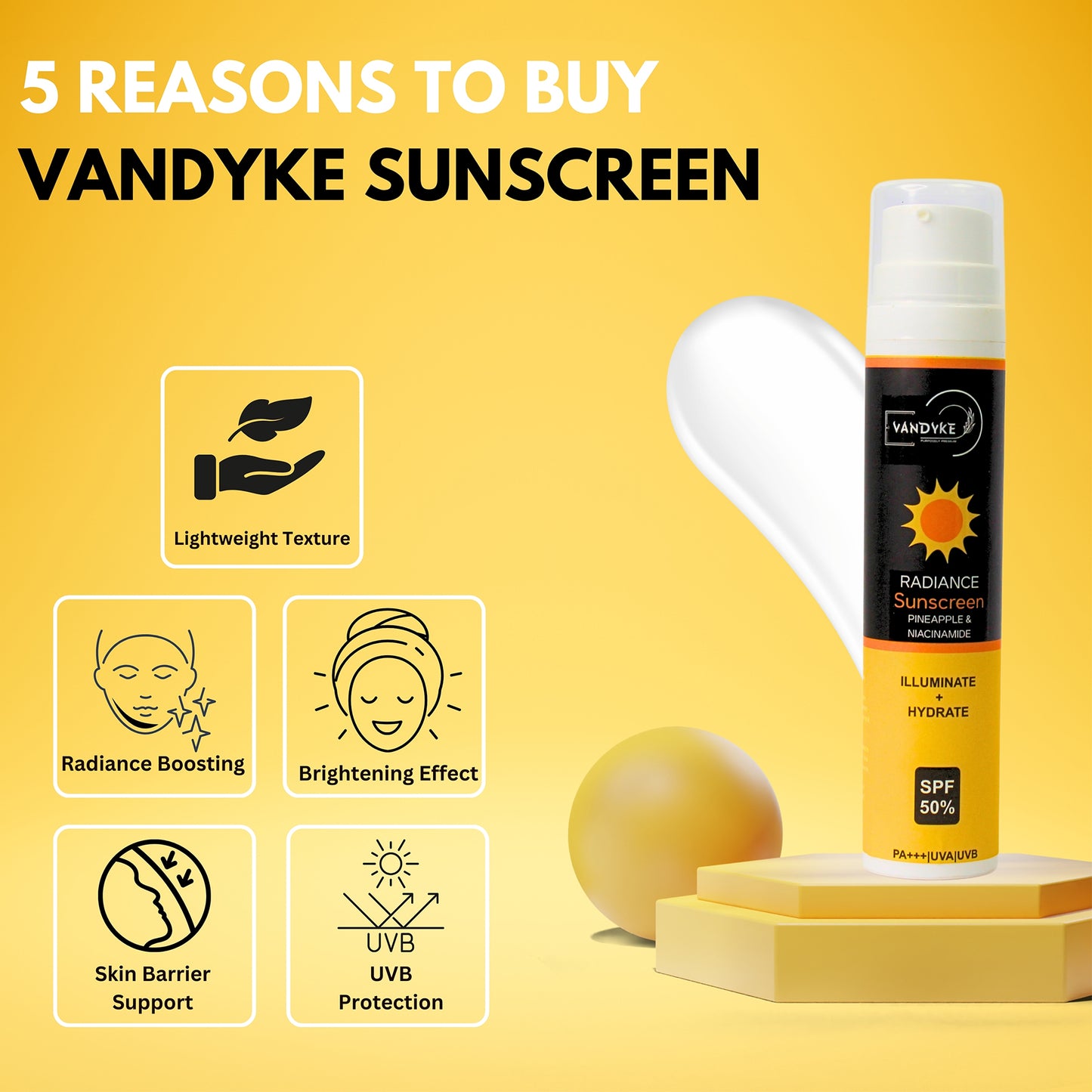 Vandyke Radiance Sunscreen with Pineapple & Niacinamide SPF 50+ PA+++, 50gm