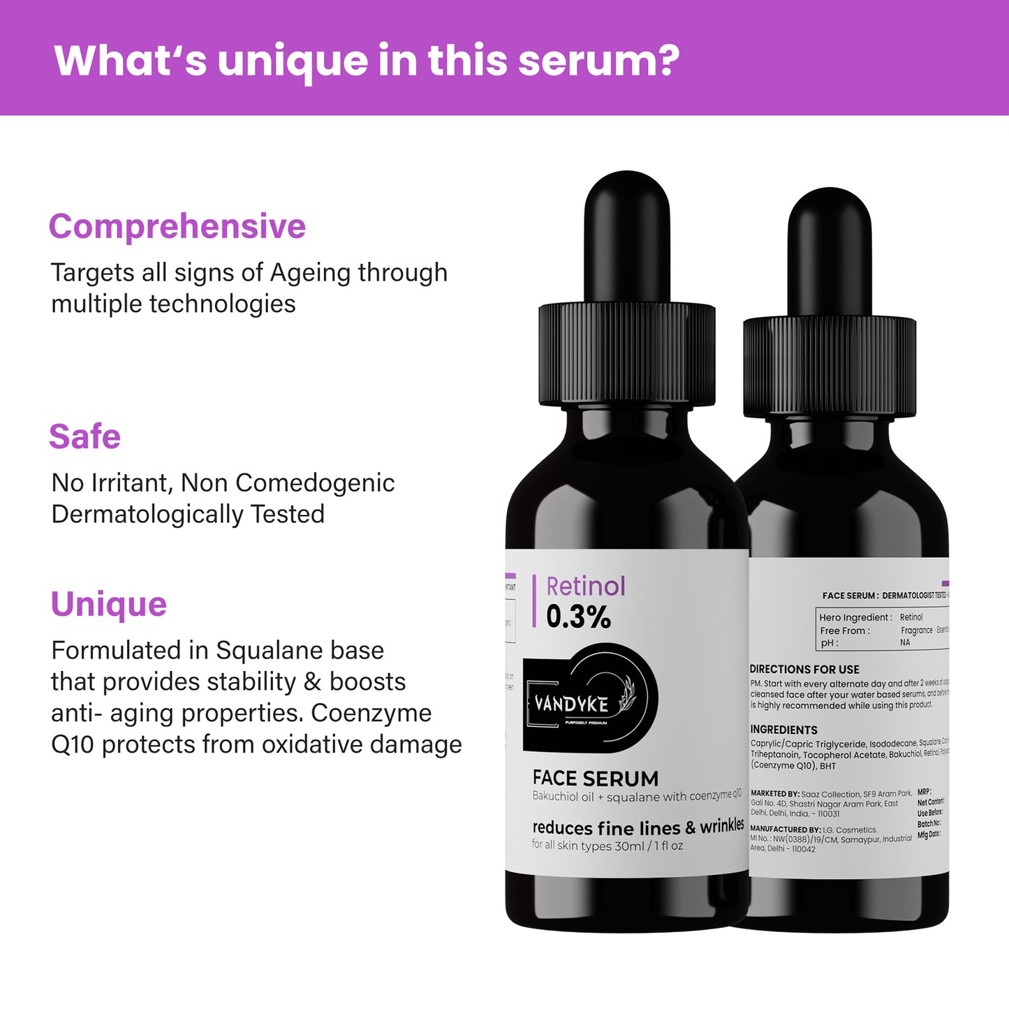 Vandyke 0.3% Retinol Serum For Anti Ageing with Q10 To Reduce Fine Lines & Wrinkles, 30ml