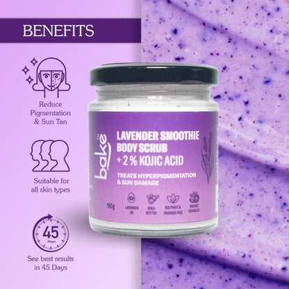 Bake 2% Kojic Acid Lavender Smoothie Body Scrub for Pigmentation & Strawberry Skin for Dark Knees, Elbows & Neck, 150gm