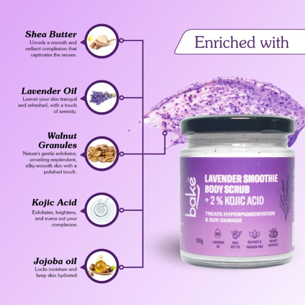 Bake 2% Kojic Acid Lavender Smoothie Body Scrub for Pigmentation & Strawberry Skin for Dark Knees, Elbows & Neck, 150gm