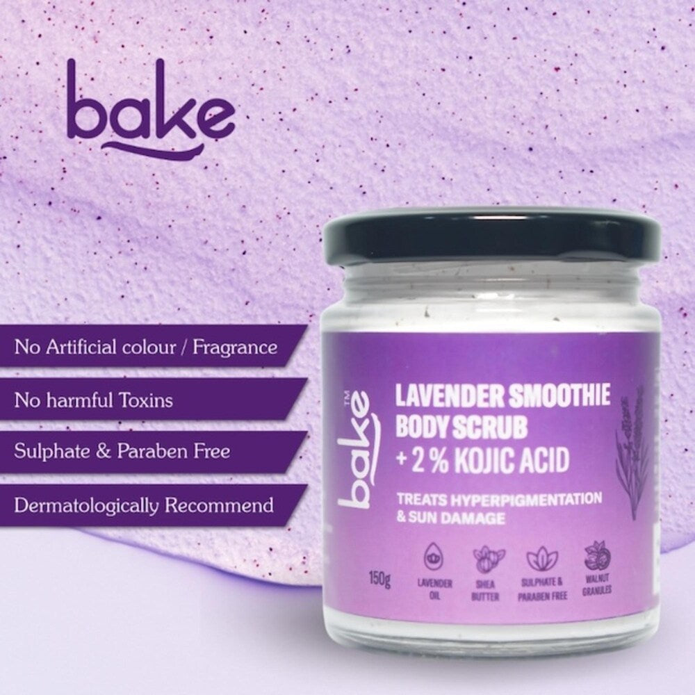 Bake 2% Kojic Acid Lavender Smoothie Body Scrub for Pigmentation & Strawberry Skin for Dark Knees, Elbows & Neck, 150gm