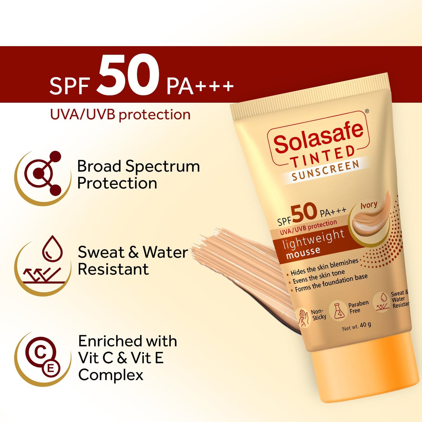 Solasafe Tinted Sunscreen SPF 50 PA+++ Ivory, 40gm