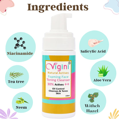 Vigini 30% Actives Anti Acne Oil Control Foaming Toner Face Wash, 150ml