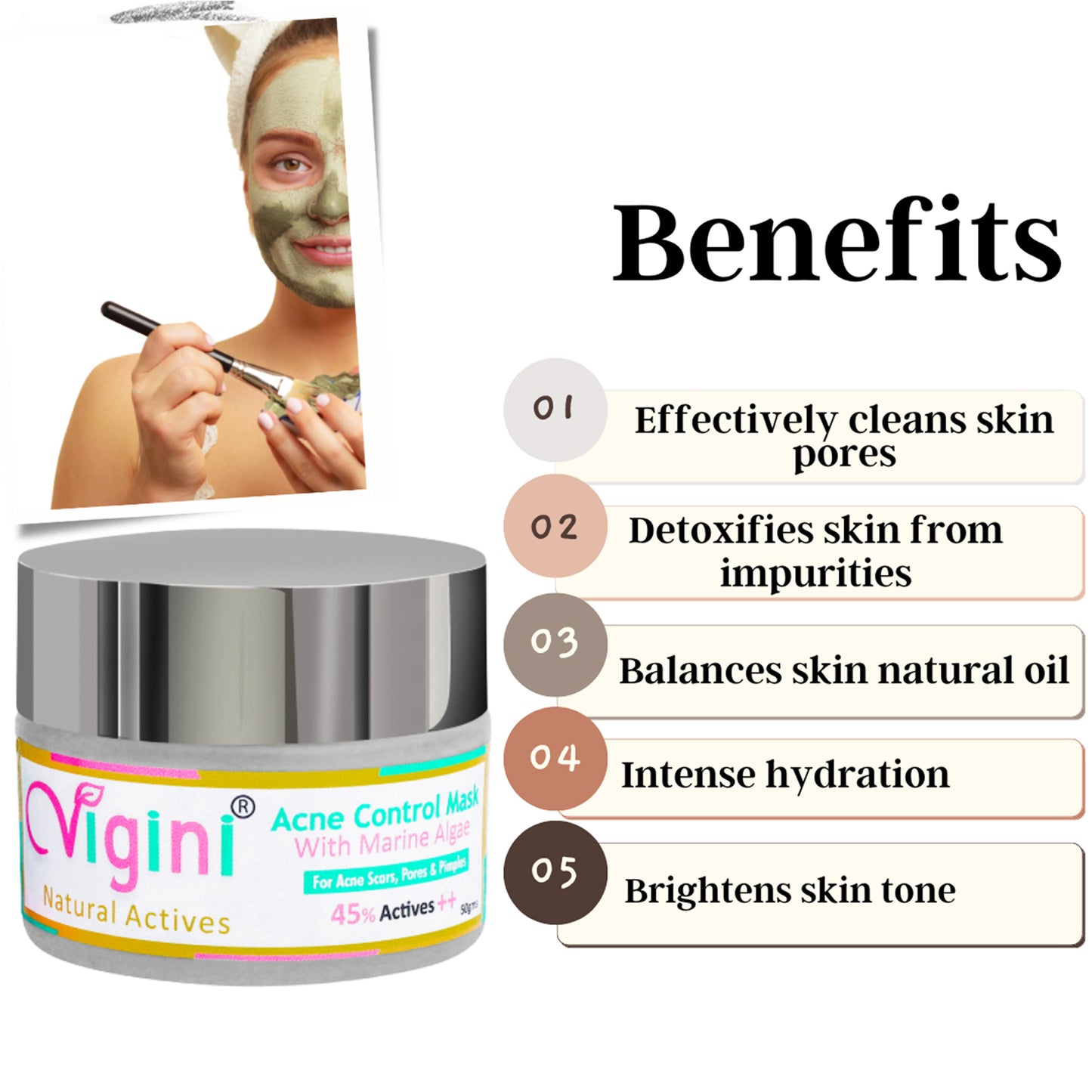 Vigini 45% Actives Anti Acne Oil Control Clay Face Pack Mask, 50gm