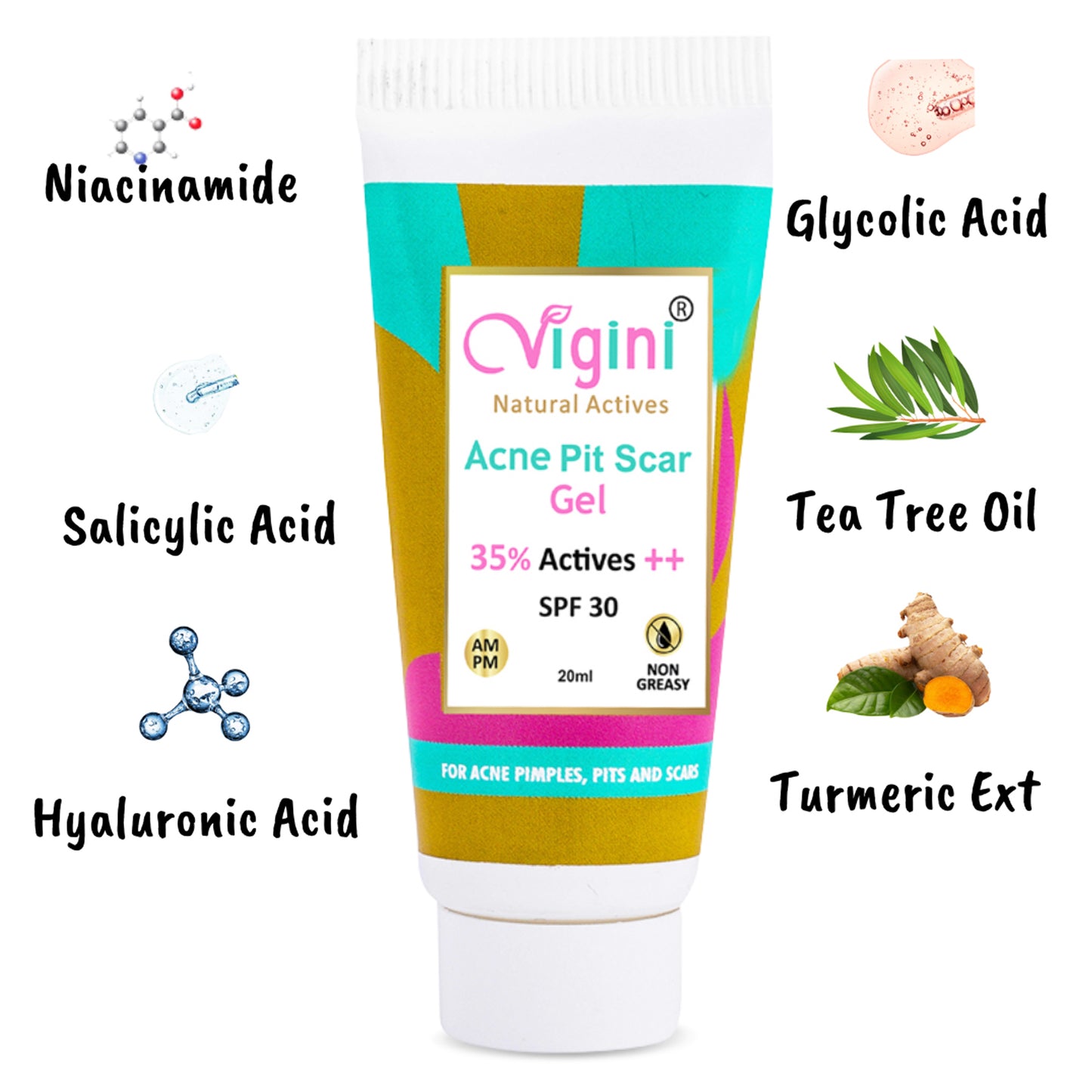 Vigini 35% Actives Anti Acne Pits Scar Spot Stop Face Gel Oily Prone Skin SPF 30, 20ml